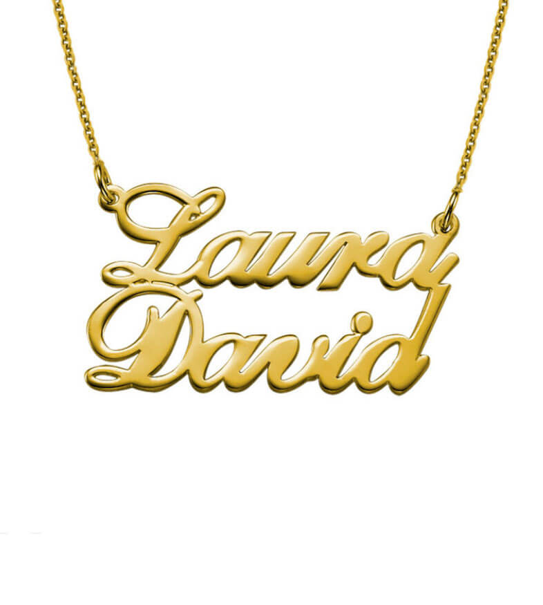 Double Classic Script Name Necklace 14 kt Gold