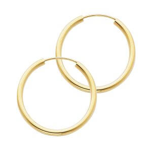 14KY 2mm Round Tube Polished Endless Hoop Earrings (25mm)
