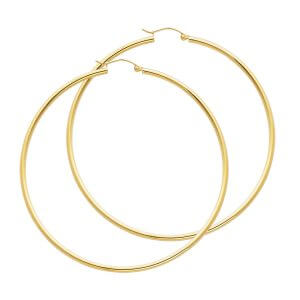 14KY 2mm Round Tube Polished Hoop Earrings (65mm)