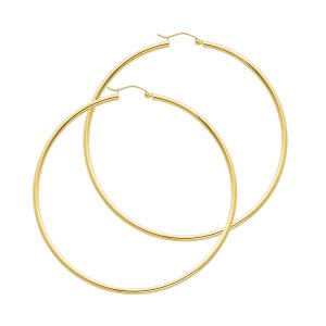 14KY 2mm Round Tube Polished Hoop Earrings (55mm)