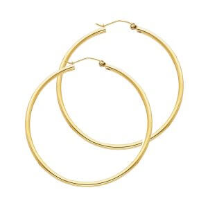 14KY 2mm Round Tube Polished Hoop Earrings (35mm)