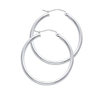 14KW 2mm Round Tube Polished Hoop Earrings (30mm)