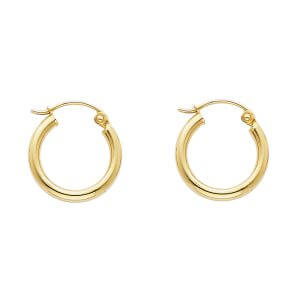 14KY 2mm Round Tube Polished Hoop Earrings (15mm)