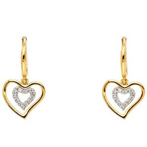 14K 2T CZ Heart Hanging Earrings