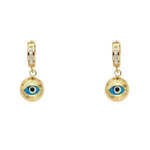 14KY Evil Eye Dangle Huggies Earrings