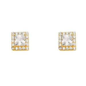 14KY Solitare Halo Square CZ Earrings with P Back