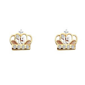 14K 3C CZ Crown Post Earrings