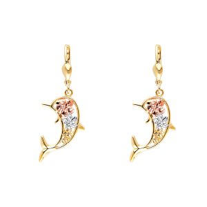 14K 3C Hawaiian Flower Dolphin Lever Back Earrings