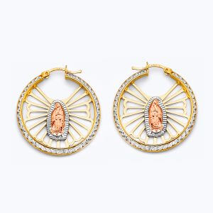 14K 3C CZ Guadalupe Hoop Earrings