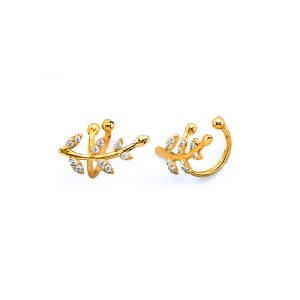 14KY CZ Leaf Earrings Cuff (Single Piece)