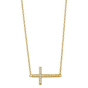 14KY CZ Side Way Cross Necklace