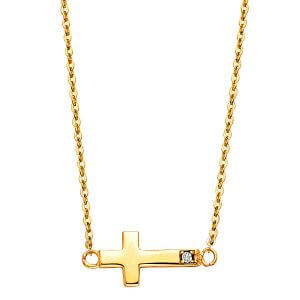 14KY CZ Side Way Cross Necklace