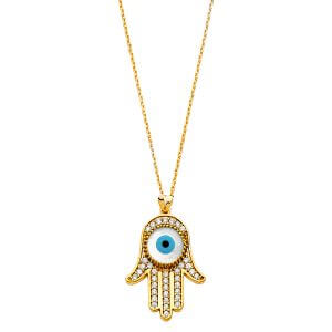 14KY CZ Evil Eye Hamsa Necklace