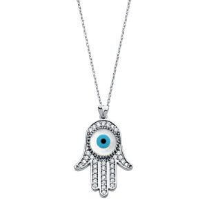 14KW CZ Evil Eye Hamsa Necklace