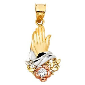 14K 3C CZ Praying Hands Pendant