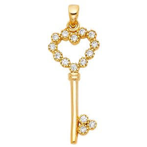 14KY CZ Heart Design Key Pendant