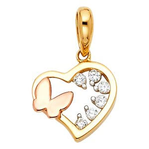14K 2T CZ Heart with Butterfly Tiny Pendant