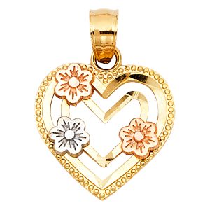 14K 3C Heart with Flower Pendant