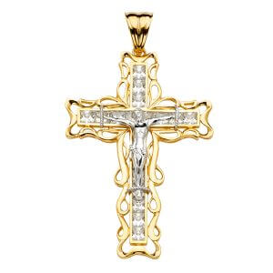 14K 2T CZ Crucifix Cross Pendant