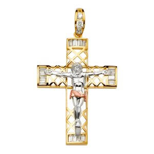 14K 3C CZ Crucifix Cross Pendant