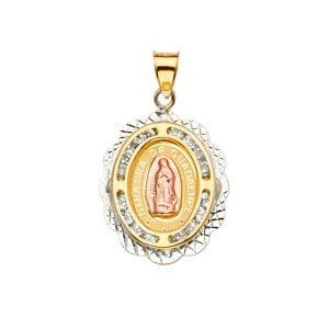 14K 3C CZ Guadalupe Medal Pendant