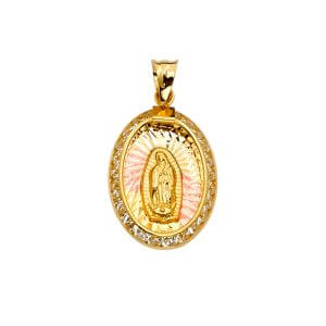 14K 3C CZ Guadalupe Medal Pendant