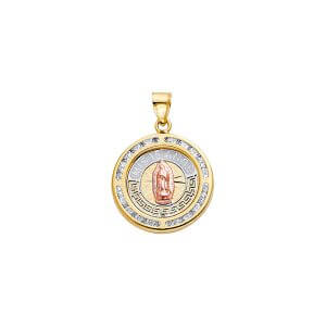 14K 3C CZ Round 15 Anos Pendant with Guadaupe