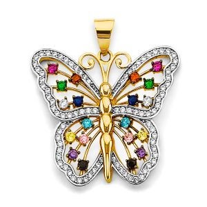 14K 2T Multi Color CZ Big Butterfly Pendant