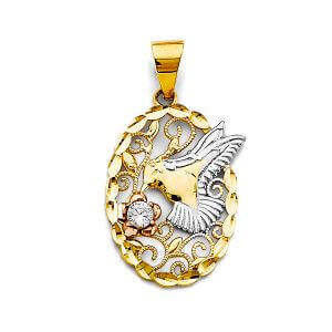 14K 3C CZ Oval Pendant with Hummingbird
