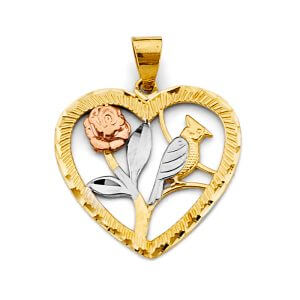 14K 3C Heart with Flower & Bird Pendant
