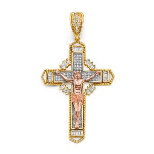14K 3C CZ Crucifix Cross Pendant